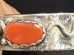 Vintage Zuni Effie C Silver Turquoise And Coral Snake Eye Cuff Bracelet 33.3g