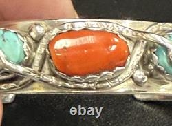 Vintage Zuni Effie C Silver Turquoise And Coral Snake Eye Cuff Bracelet 33.3g