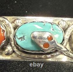 Vintage Zuni Effie C Silver Turquoise And Coral Snake Eye Cuff Bracelet 33.3g
