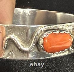 Vintage Zuni Effie C Silver Turquoise And Coral Snake Eye Cuff Bracelet 33.3g
