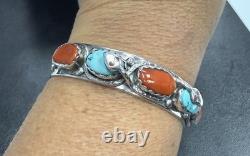 Vintage Zuni Effie C Silver Turquoise And Coral Snake Eye Cuff Bracelet 33.3g