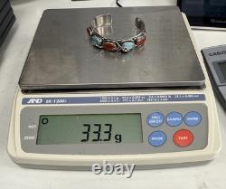 Vintage Zuni Effie C Silver Turquoise And Coral Snake Eye Cuff Bracelet 33.3g