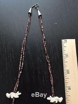 Vintage Zuni Fetish 2 Strand Necklace Carved Turquoise Heishi Onyx Stone MOP