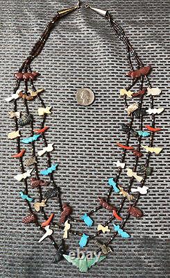 Vintage Zuni Fetish Heishi 3 Strand Bird Animal detailed Necklace 66 grams 26.5