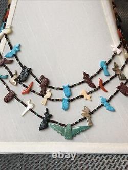 Vintage Zuni Fetish Heishi 3 Strand Bird Animal detailed Necklace 66 grams 26.5