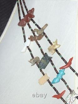 Vintage Zuni Fetish Heishi 3 Strand Bird Animal detailed Necklace 66 grams 26.5