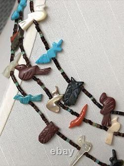 Vintage Zuni Fetish Heishi 3 Strand Bird Animal detailed Necklace 66 grams 26.5