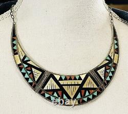 Vintage Zuni Flush Inlay Sterling Silver Necklace Signed Alex & Marylita Boone