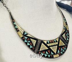 Vintage Zuni Flush Inlay Sterling Silver Necklace Signed Alex & Marylita Boone