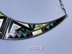 Vintage Zuni Flush Inlay Sterling Silver Necklace Signed Alex & Marylita Boone