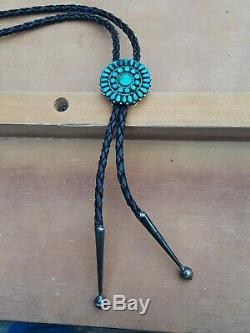 Vintage Zuni I. PAYLUSI Sterling Sleeping Beauty PETIT POINT Turquoise BOLO TIE