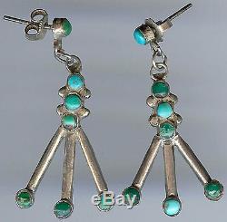Vintage Zuni Indian Silver Green & Blue Turquoise Pierced Dangle Earrings