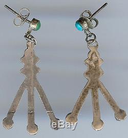 Vintage Zuni Indian Silver Green & Blue Turquoise Pierced Dangle Earrings