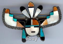 Vintage Zuni Indian Silver Inlaid Coral Turquoise Mother Of Pearl Sun God Pin