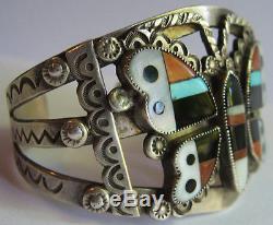 Vintage Zuni Indian Silver Inlaid Coral Turquoise Onyx Butterfly Cuff Bracelet