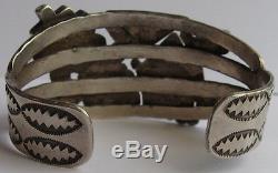 Vintage Zuni Indian Silver Inlaid Coral Turquoise Onyx Rainbow Man Bracelet