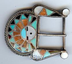 Vintage Zuni Indian Silver Inlaid Turquoise Coral Onyx Sun God Belt Buckle