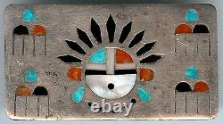 Vintage Zuni Indian Silver Inlaid Turquoise Coral Onyx Sun God & Clouds Buckle