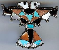 Vintage Zuni Indian Silver Inlaid Turquoise Onyx Two Head Thunderbird Pin Brooch
