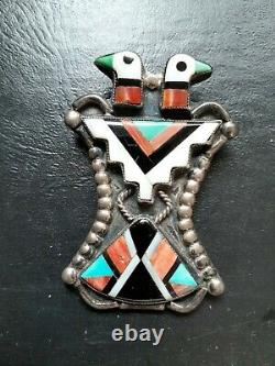 Vintage Zuni Indian Silver Inlaid Two Head Thunderbird Pin Estate Find