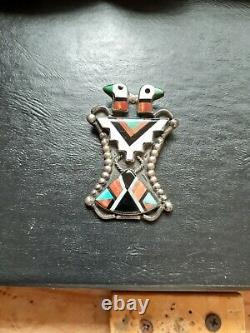 Vintage Zuni Indian Silver Inlaid Two Head Thunderbird Pin Estate Find