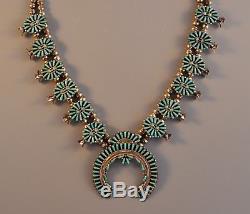 Vintage Zuni Indian Silver Squash Blossom Necklace Turquoise Clusters 25.5