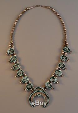 Vintage Zuni Indian Silver Squash Blossom Necklace Turquoise Clusters 25.5