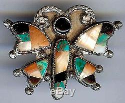 Vintage Zuni Indian Silver Stone Inlay Turquoise Coral Butterfly Pin Brooch