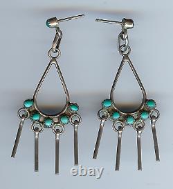 Vintage Zuni Indian Silver & Turquoise Dangle Pierced Earrings