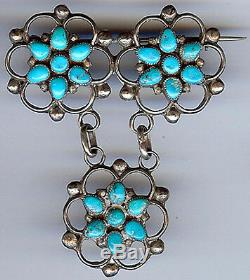 Vintage Zuni Indian Silver Turquoise Flower Dangle Pin Brooch