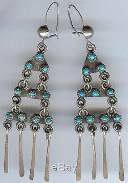 Vintage Zuni Indian Silver & Turquoise Long Dangle Pierced Earrings