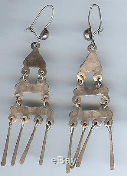 Vintage Zuni Indian Silver & Turquoise Long Dangle Pierced Earrings