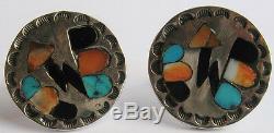 Vintage Zuni Indian Sterling Inlay Turquoise Coral Lightening Bolts Cufflinks