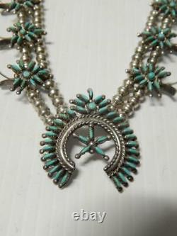 Vintage Zuni Indian Sterling Petit Point Turquoise Squash Blossom Necklace A+gft