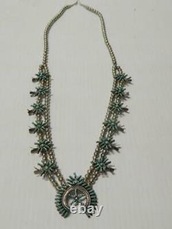 Vintage Zuni Indian Sterling Petit Point Turquoise Squash Blossom Necklace A+gft