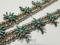 Vintage Zuni Indian Sterling Petit Point Turquoise Squash Blossom Necklace A+gft