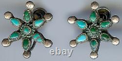 Vintage Zuni Indian Sterling Silver Green Blue Turquoise Star Shape Earrings