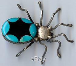 Vintage Zuni Indian Sterling Silver & Inlaid Onyx Turquoise Spider Pin Brooch