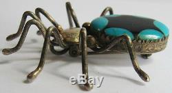 Vintage Zuni Indian Sterling Silver & Inlaid Onyx Turquoise Spider Pin Brooch