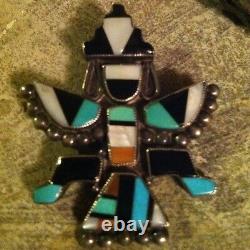 Vintage Zuni Indian Sterling Silver Inlaid Turquoise Shell Knifewing Pawn Pin