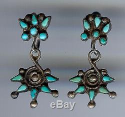 Vintage Zuni Indian Sterling Silver Turquoise Screwback Dangle Earrings