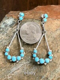 Vintage Zuni Jewelry Sterling Silver Turquoise Dangle Petit Point Earrings Lrg