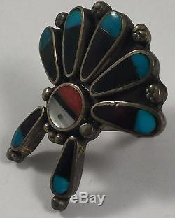Vintage Zuni Kachina Inlay Turquoise Coral MOP Sterling Silver Ring Size 7.75
