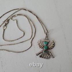 Vintage Zuni Knifewing Signed Turquoise Inlay Sterling Silver Necklace 24 Chain