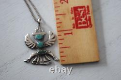 Vintage Zuni Knifewing Signed Turquoise Inlay Sterling Silver Necklace 24 Chain