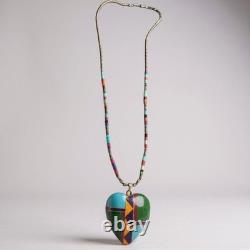 Vintage Zuni Mosaic Heart Pendant NecklaceTurquoise, Malachite, Coral & Lapis
