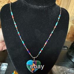 Vintage Zuni Mosaic Heart Pendant NecklaceTurquoise, Malachite, Coral & Lapis