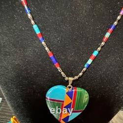 Vintage Zuni Mosaic Heart Pendant NecklaceTurquoise, Malachite, Coral & Lapis