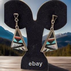 Vintage Zuni Multi-Stone Inlay Dangle Earrings Sterling Silver Signed S D Boone