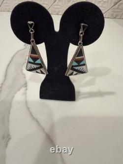 Vintage Zuni Multi-Stone Inlay Dangle Earrings Sterling Silver Signed S D Boone